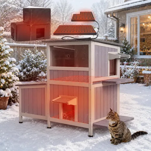 Vista 12 de GUTINNEEN Casa de Gatos al Aire Libre Resistente al Agua, Refugio para Gatos Ferales con Balcón, Refugio de Madera para Gatos Impermeable