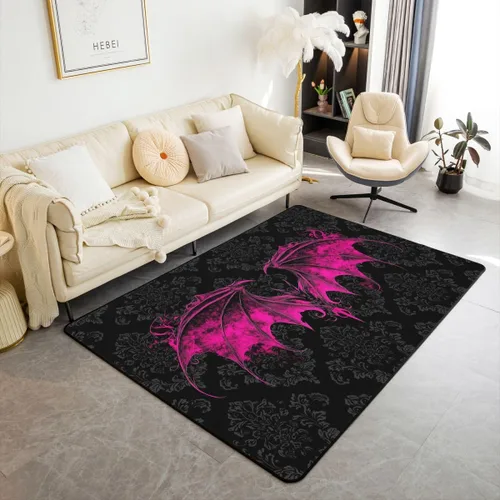 Vista 12 de Erosebridal Alfombra gótica de 3 x 5 pies, estilo bohemio, damasco, murciélago, sala de estar, antideslizante, negro, gris, azul, alfombra gótica