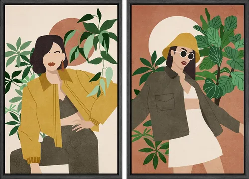 Vista 67 de SIGNFORD Lienzo enmarcado para pared, juego de arte geométrico retro de mediados de siglo, plantas forestales, ilustraciones con formas abstractas