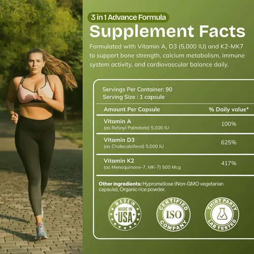 Vista 3 de Daily Vites, Suplemento vitamínico ADK de 5000 UI – 180 cápsulas – Vitamina A, D3 y K2-MK7 de alta potencia – Formulado por médicos para apoyo óseo