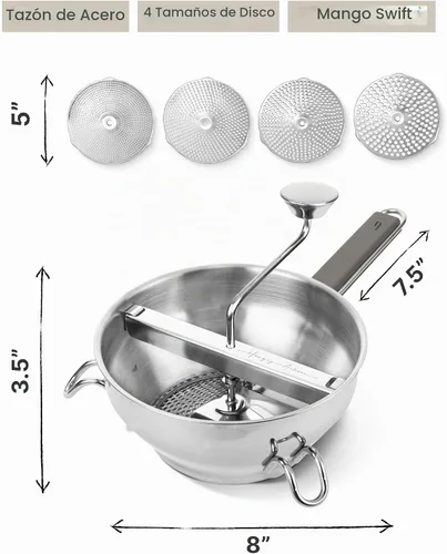 Vista 8 de Molinillo de Alimentos de Acero Inoxidable con 4 Discos Mejorado – Diseño Rotatorio Ergonómico para Salsa de Tomate, Puré de Manzana, Comida