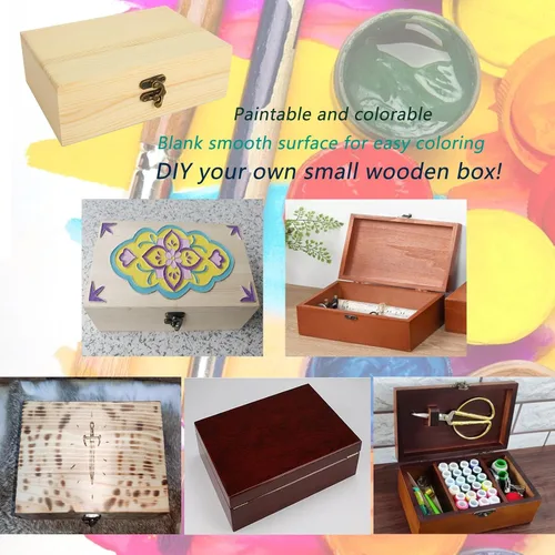 Vista 3 de Acrux7 Paquete de 4 cajas de madera sin terminar, caja de madera sin pintar de 7.2 pulgadas con tapa con bisagras, pequeñas cajas de almacenamiento