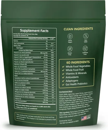 Vista 8 de Daily Greens, Superfood - Paquetes de gomitas verdes, suplemento de clorella y espirulina con más de 20 prebióticos orgánicos, vitaminas y minerales