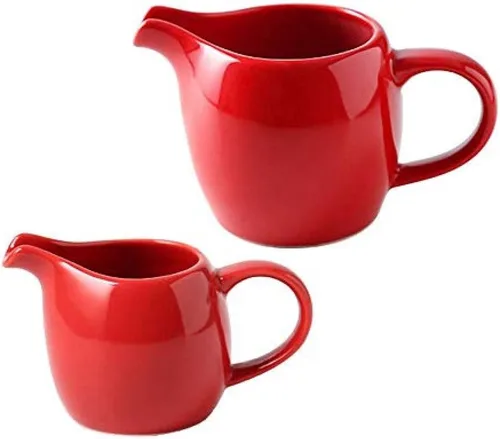 Vista 4 de CHOOLD 2 piezas Mini crema de cerámica con asa, jarra de crema de leche de café, color rojo, 1.5 oz