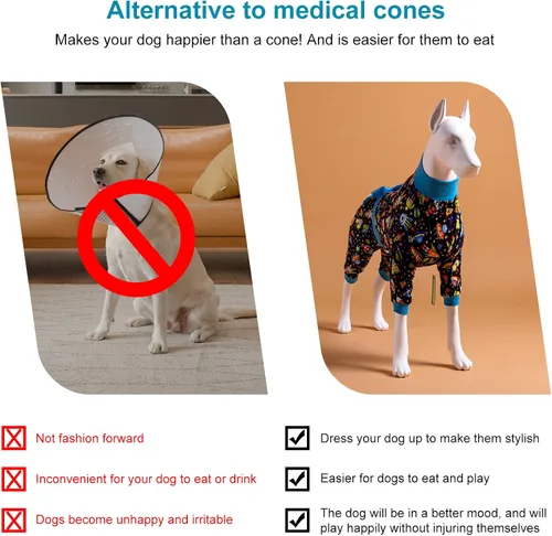 Vista 6 de LovinPet Pijama grande para perros, camisa de recuperación poscirugía, tela elástica, estampado de franela azul marino, antilamer, pijamas fáciles