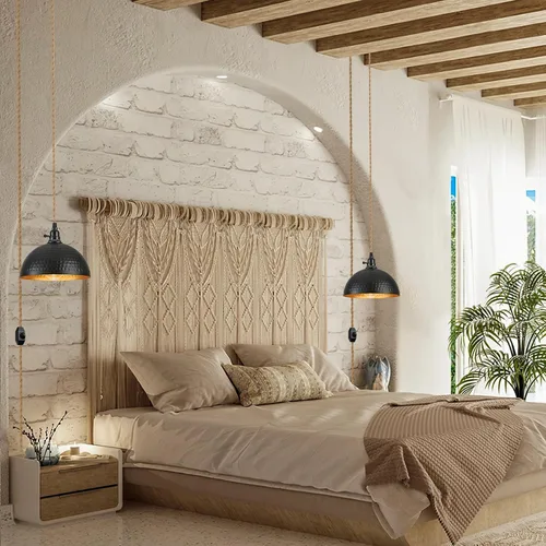 Vista 5 de Luces Colgantes Enchufables Lámpara Colgante de Cúpula Martillada con Interruptor Regulable Cuerda de Cáñamo de 15 Pies de Largo Luz Colgante