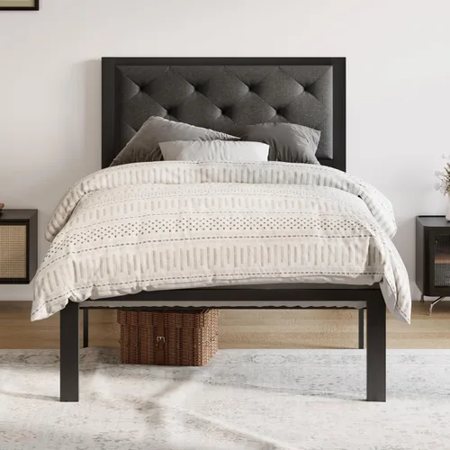 Vista 14 de Allewie Base de cama individual con cabecera tapizada de piel sintética, diseño elegante con costuras de diamante, no necesita somier, color negro