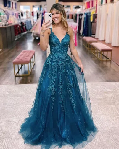 Vista 5 de Vestidos de graduación de tul con purpurina, cuello en V, apliques de encaje, vestidos largos de baile para mujer, vestidos formales de tirantes