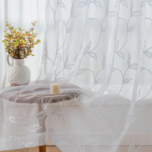 Vista 82 de VISIONTEX 2 paneles de cortinas traslúcidas de 63 in de largo, cortinas de gasa semitransparentes bordadas con hojas florales beige, bolsillo