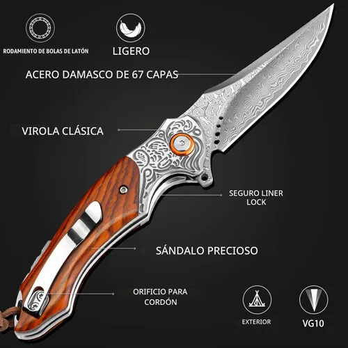 Vista 4 de Cuchillo de bolsillo Damasco para hombre, 7.78" VG10 cuchillo Negro