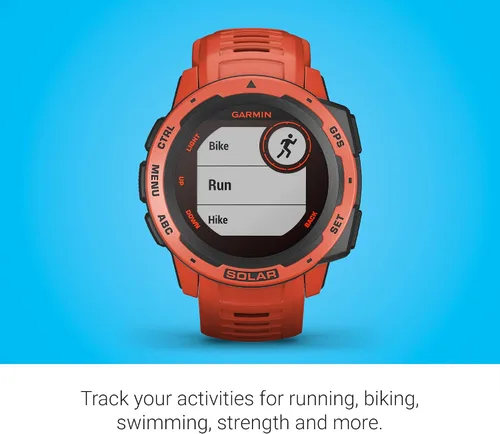 Vista 4 de Garmin Instinct Solar, reloj inteligente resistente para exteriores alimentado por energía solar, aplicaciones deportivas integradas y monitoreo