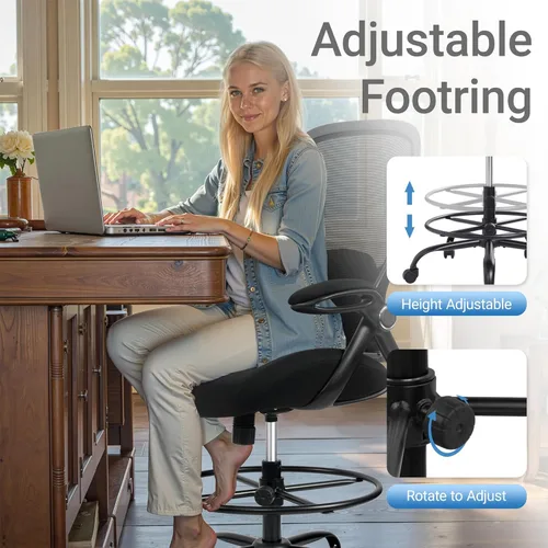 Vista 8 de HYLONE Silla de dibujo grande y alta de 400 libras, asiento grueso de 5 pulgadas, silla de oficina alta, reposabrazos abatibles, silla ergonómica