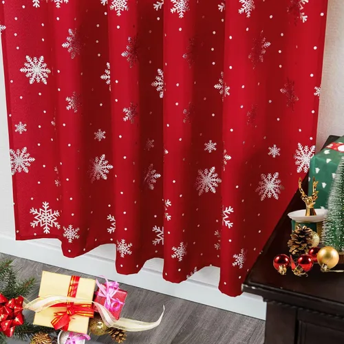 Vista 9 de Cortinas navideñas para sala de estar, cortinas de lujo con estampado de copos de nieve, cortinas de ventana con bolsillo para barra, cortinas