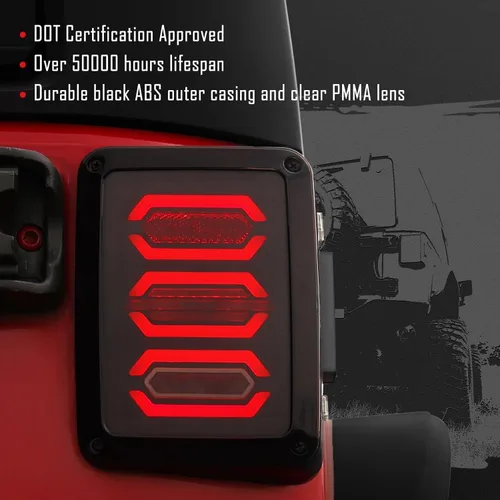 Vista 2 de Luces traseras LED DKMGHT para Jeep Wrangler JK JKU 2007-2018, [Aprobadas por DOT] [Lente ahumada] [Conexión y uso] Ojo del diablo ahumado Gen4