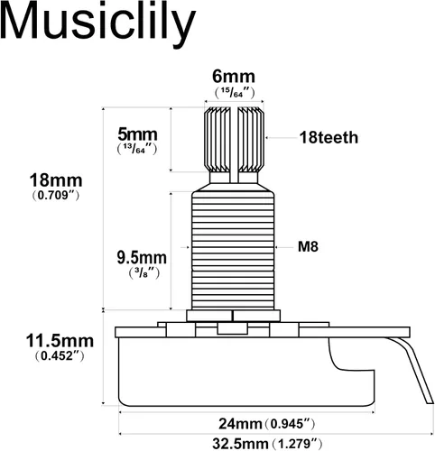 Vista 2 de Musiclily Pro Brass Thread - Potenciómetros de control de tamaño métrico completo A1 Meg Audio Taper para guitarra (juego de 2)