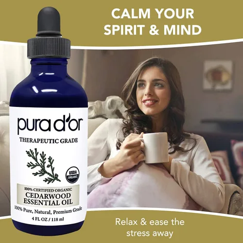 Vista 2 de PURA D'OR Aceite esencial de madera de cedro orgánico (4 onzas con gotero de vidrio) 100% puro y natural de grado terapéutico para cabello, cuerpo