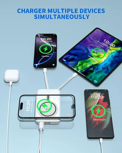Vista 3 de Cargador portátil magnético, banco de energía inalámbrico multipuerto de 10000 mAh, batería segura de 22.5 W, cargador portátil de soporte, cables