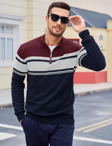 Vista 34 de MAGCOMSEN Suéteres de algodón con cremallera de 1/4 para hombre, suéter tipo polo, a rayas, para otoño e invierno, sudaderas cálidas