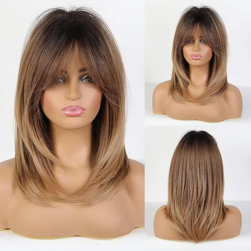 Vista 14 de HAIRCUBE Pelucas Auburn para Mujeres, Pelucas Largas en Capas Naranjas con Flequillo, Pelucas de Fibra Sintética Resistentes al Calor
