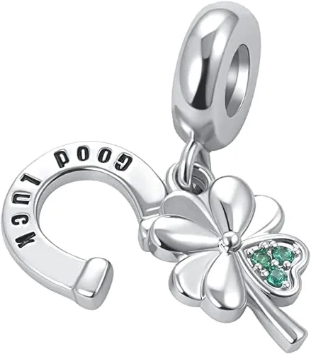 Vista 2 de Abalorio de herradura de trébol de cuatro hojas de la suerte para pulseras Pandora, cuentas colgantes de buena suerte para mujeres, hermana, mamá