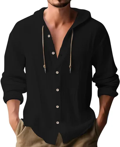 Vista 13 de Camisas de lino para hombre, casual, con botones, de verano, algodón, lino, con capucha, para playa, manga larga, con capucha
