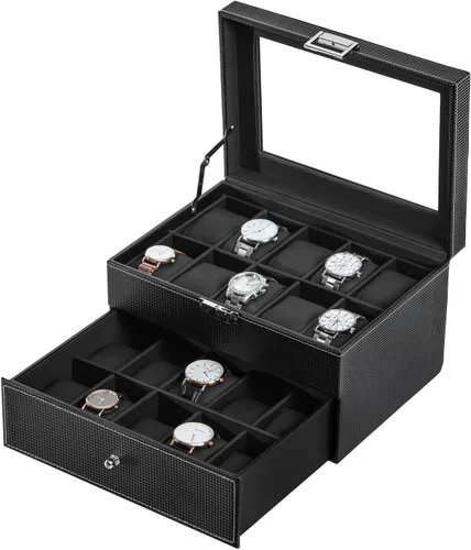 Vista 4 de BASTUO Caja de reloj 20 relojes organizador de exhibición de cuero de fibra de carbono de lujo, caja de colección de joyas para hombres y mujeres