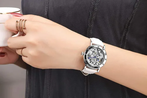 Vista 5 de carlien Steampunk - Reloj mecánico automático para mujer, esfera de esqueleto, de cuero, reloj de pulsera