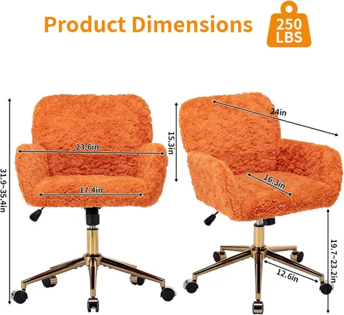Vista 3 de Silla de oficina artificial de pelo de conejo copetudo, silla naranja con base de metal dorado, silla de escritorio ajustable, silla de oficina