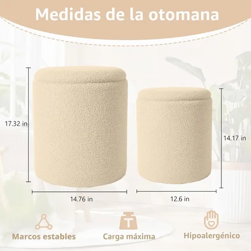 Vista 2 de Royal Windsor Boucle - Juego de 2 otomanas redondas con almacenamiento, taburete pequeño para sala de estar, mesa de centro pequeña, taburete