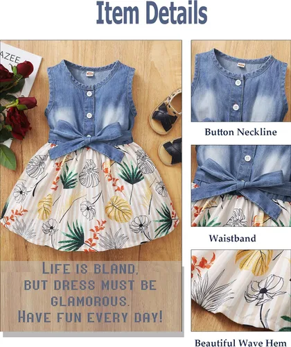 Vista 6 de Saeaby Vestido de Niña Bebé Ropa de Verano para Niña Pequeña Vestido sin Mangas para Bebé Vestido de Mezclilla con Flores Vestido de Verano Vestidos