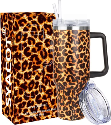 Vista 11 de SYACOT Vaso de 40 onzas con asa y pajita, vaso aislado de acero inoxidable, tapa a prueba de fugas y tapa con pajilla, taza de café de viaje