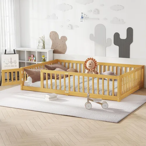 Vista 16 de Harper & Bright Designs - Cama de suelo para niños de tamaño individual con valla y puerta, marco de cama Montessori de madera maciza, cama