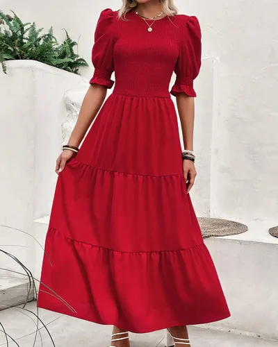 Vista 7 de BTFBM Vestidos para mujer, cuello redondo, casual, de verano, con volantes, manga corta, bohemio, con niveles, fruncido, largo, con estampado floral