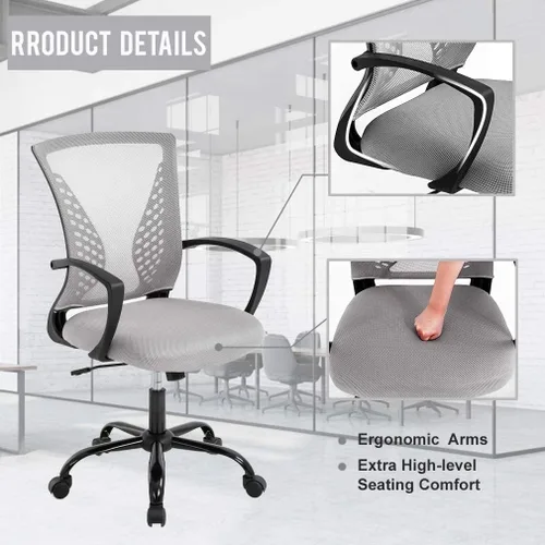 Vista 4 de Silla de oficina ergonómica moderna, silla de escritorio de respaldo medio con soporte lumbar, altura ajustable, reposabrazos enrollable, giratoria
