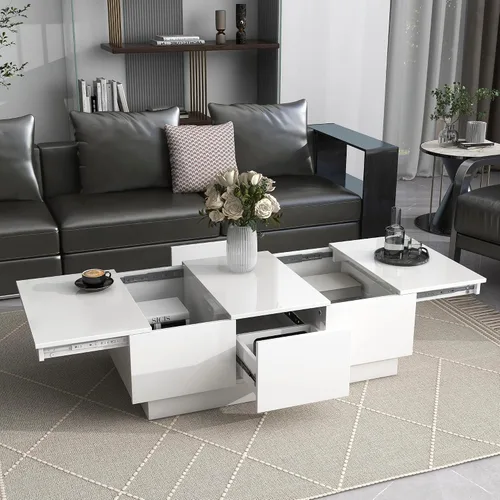 Vista 11 de Mesa de centro moderna con vidrio templado, mesa de cóctel de madera con superficie UV de alto brillo, mesa central rectangular modernista de 2 Negro