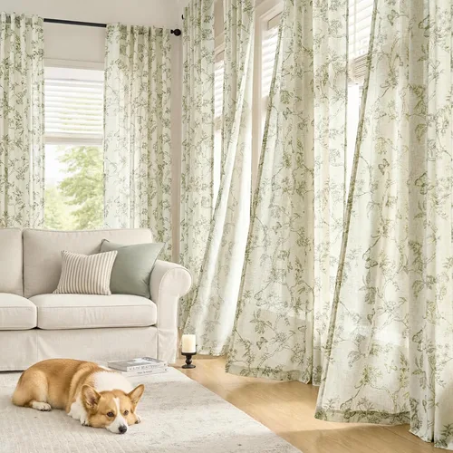 Vista 3 de Lazzzy Cortinas de lino floral verde con bolsillo para barra de granja, 50 Charlotte Verde