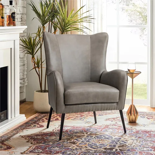 Vista 21 de HULALA HOME Silla decorativa de piel sintética con cojín extraíble, cómodo sillón tapizado con patas de metal negro y ribete de cabeza de clavo