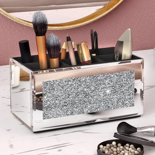 Vista 13 de SHYFOY Organizador Portacepillos de Maquillaje Negro, Organizador de Almacenamiento de Cepillos de Cosméticos de 3 Ranuras de Vidrio con Diamante