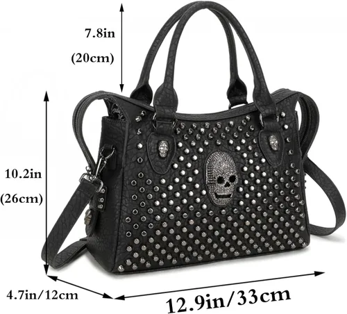 Vista 2 de Bolso de mano y monederos PU Satchel Skull Rivet Hombro Tote Top Handle Bag Negro Remache de calavera