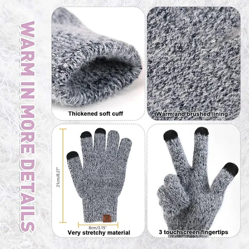 Vista 4 de Conjunto de guantes de punto cálido de invierno para mujer, con forro polar y forro de calavera, para mujer