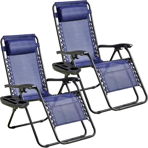 Vista 9 de Zero Gravity - Juego de 2, sillas de patio reclinables ajustables de 7 posiciones con bandeja portavasos, reposacabezas acolchados, silla plegable