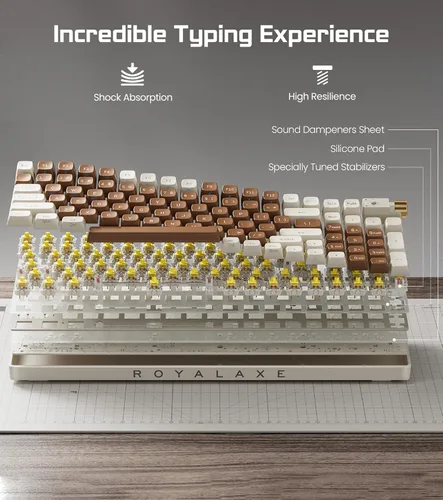 Vista 3 de ROYALAXE R100 Wireless Mechanical Keyboard, Gateron G Pro 3.0 Yellow Switch, Hot Swappable WiredBluetooth2.4G Wireless Keyboard with RGB Light for