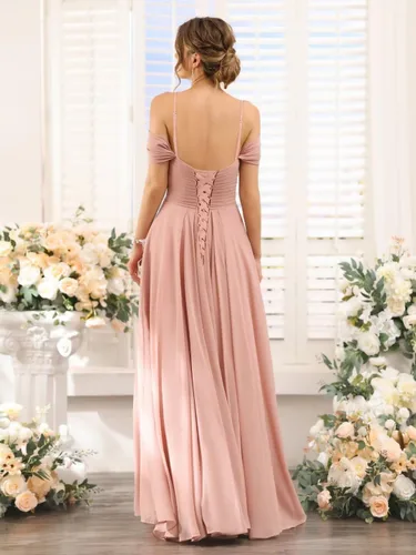Vista 2 de Vestidos de dama de honor con hombros descubiertos con abertura larga 2024 Sweetheart Chiffon Vestido de fiesta formal con bolsillos XOD010
