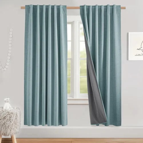 Vista 100 de NICETOWN Cortinas 100% opacas de 63 pulgadas de largo, 2 paneles de cortinas cortas con aislamiento térmico con forro para dormitorio, cortinas
