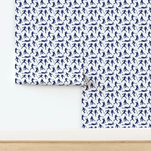Vista 4 de Spoonflower Papel tapiz para despegar y pegar - Jugadores de béisbol Azul oscuro Deportes Hombres Thin Line Kids Papel pintado extraíble