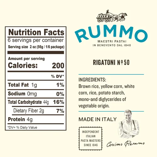Vista 2 de Rummo Rigatoni N.50 - Pasta sin gluten, hecha con maíz y arroz, fideos para pasta Rigatoni, pasta de Italia, 12 onzas (paquete de 4)