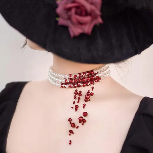 Vista 4 de Dripping Blood Choker Imitation Pearls Halloween Party Necklace Vampire Party Costume