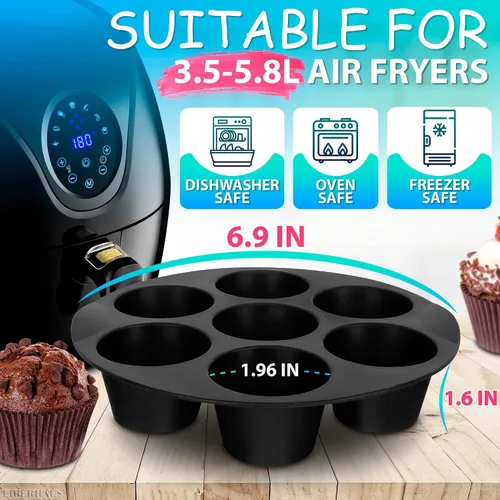 Vista 2 de Molde de silicona para muffins para freidora de aire (7 tazas) – Molde de silicona redondo de 6.9 pulgadas compatible con freidoras de 3.5 a 5.8 l