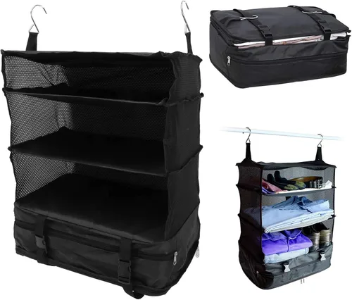 Vista 5 de Bolsa de viaje colgante, organizador de armario portátil, espacio grande, 3 capas de malla, 1 bolsillo con cremallera, tela de lona plegable