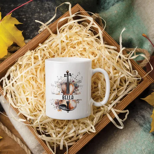 Vista 4 de Taza personalizada para músico 2023, taza de violín personalizada con nombre, violín y notas musicales, taza de cerámica de 11 oz y 15 onzas, taza